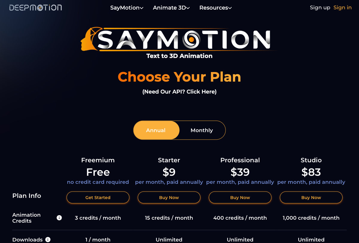 DeepMotion SayMotion pricing tiers