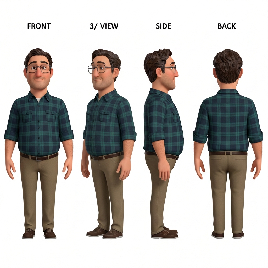 Gabe character turnaround V4 showing front, 3/4, side, and back views