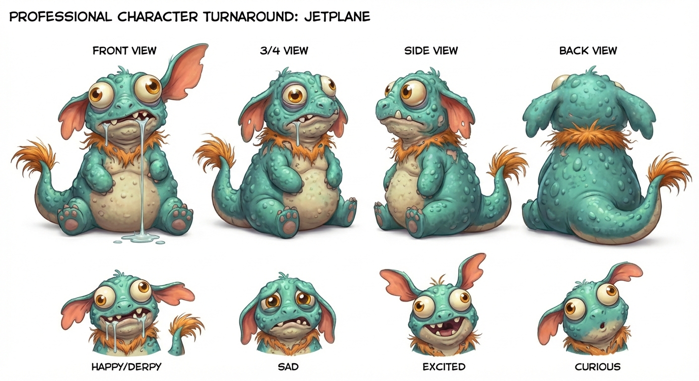 Jetplane V3 character turnaround - approved design with maximum ugly-cute aesthetic