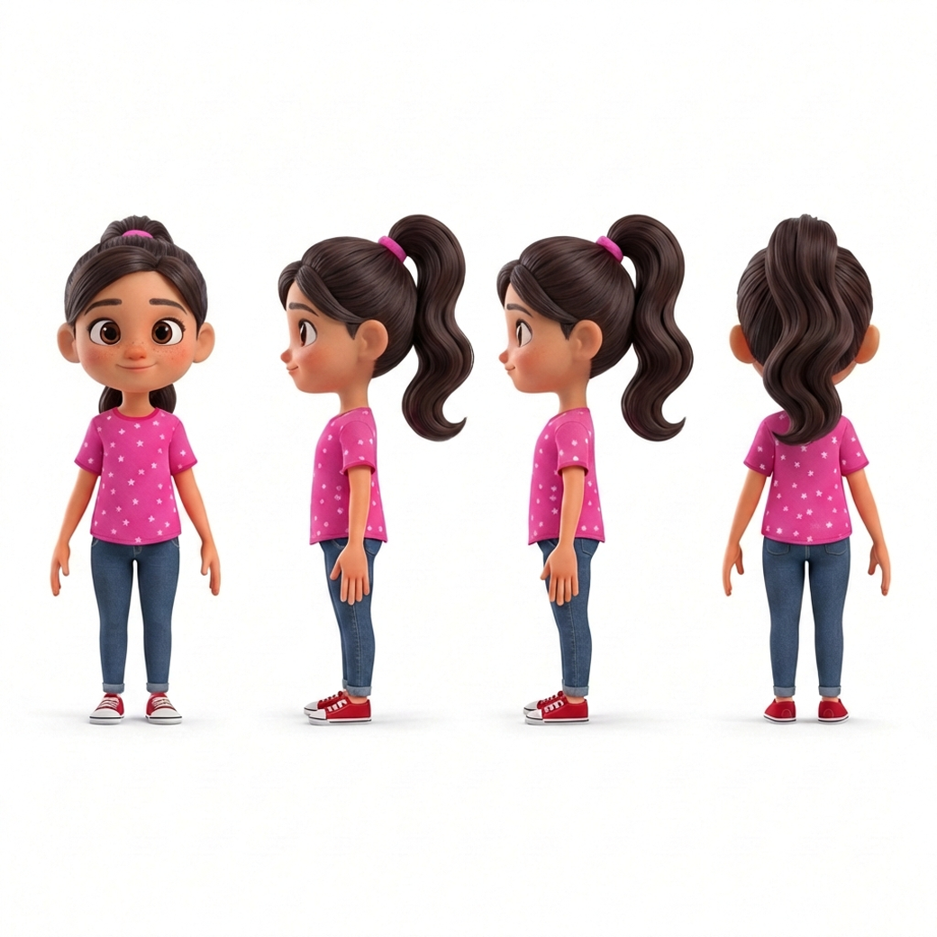 Animation-friendly Mia turnaround with simple wavy ponytail