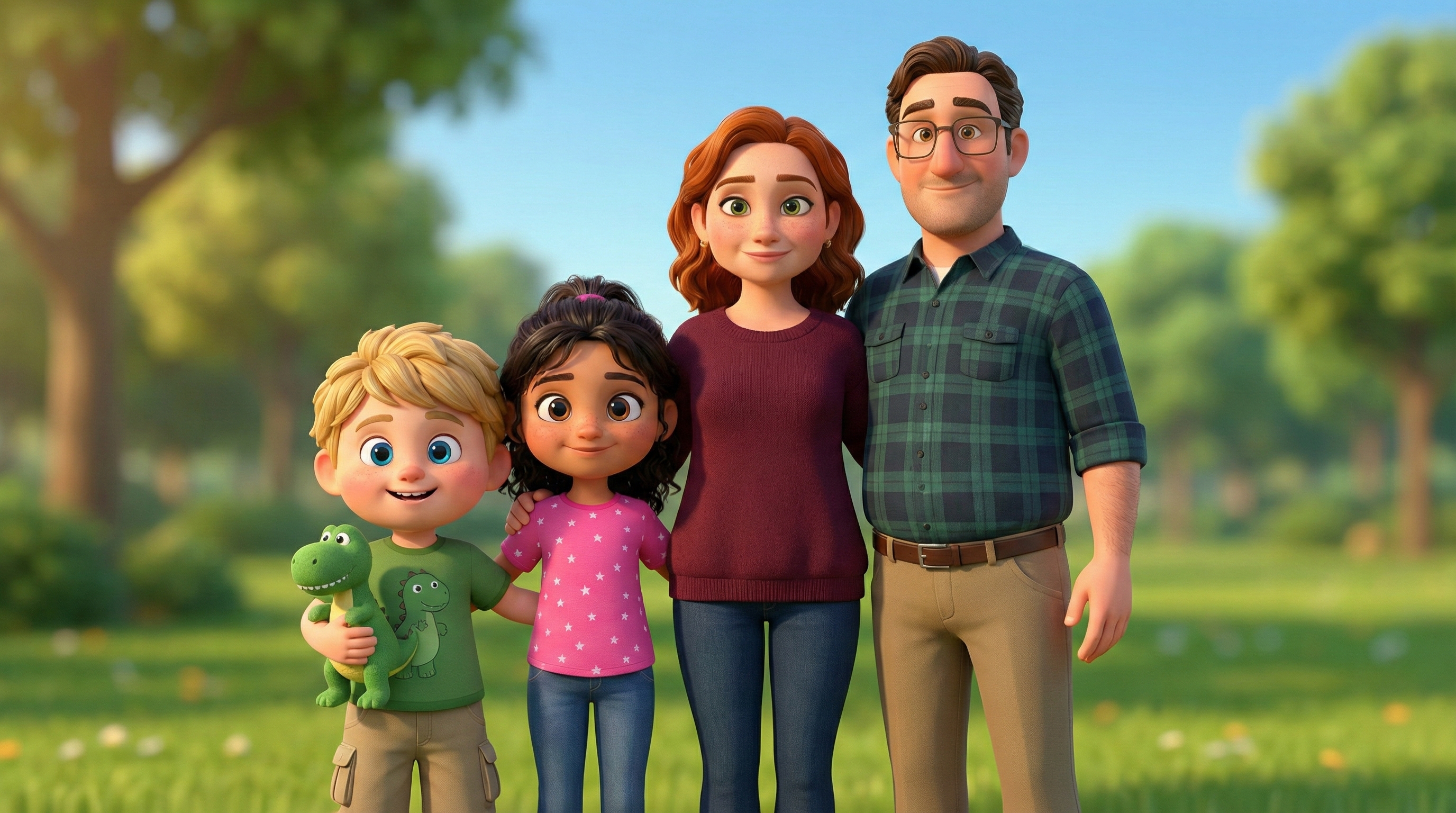 The family: Gabe, Nina, Mia, Leo, and Jetplane the dinosaur