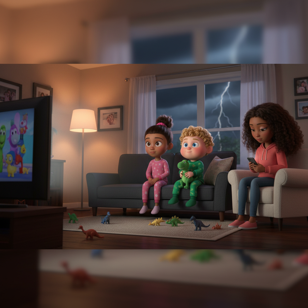 The off-model v3 storyboard panel: Mia drawn as a pajama-clad toddler with a bun